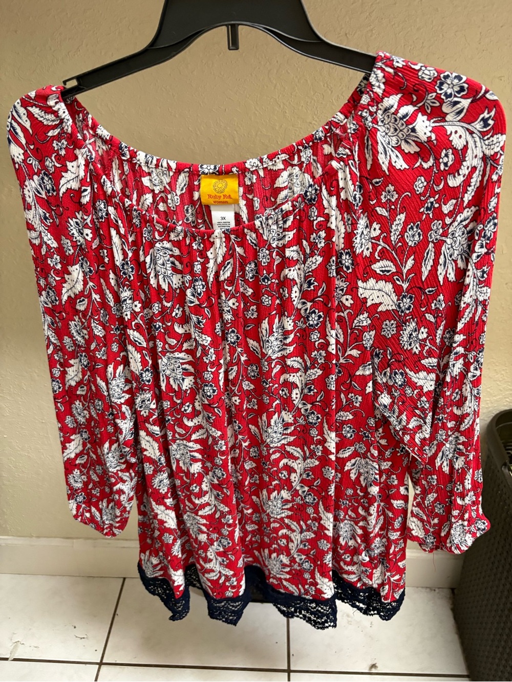Ruby Rd. Red Floral Peasant Top with Navy Lace Hem - Ruby Rd.
